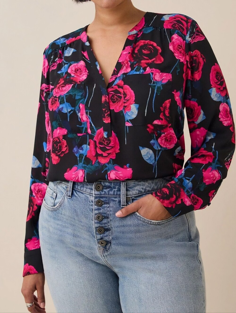 NWT Torrid Black Floral V-Neck Long Sleeve Blouse - Pink Rose Print
